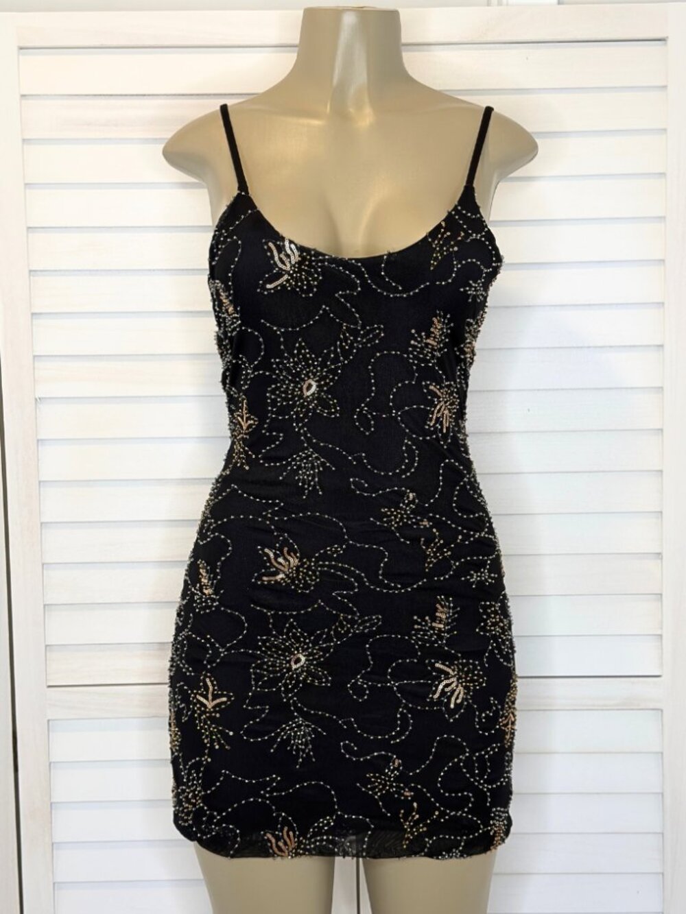 Black Beaded Floral Mini Dress
